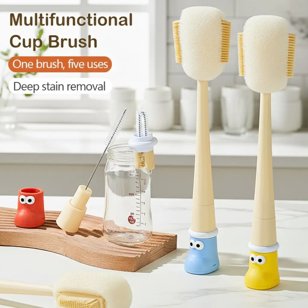 Multifunctional 5-in-1 Cup Brush Set with Food-Grade Silicone & Sponge Heads | Cleans Bottles, Mugs, Rims, Gaps and Straws