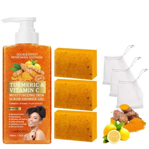 Turmeric Body Care Set - 500ml Lemon Vitamin C Scrub Shower Gel, Nontoxic Anti-Bacterial Soap, Gentle Daily Cleanser, Face-Safe Moisturizing Radiant Skin Scented Aroma Cleanser