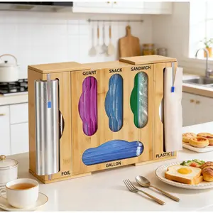 SICANDAENHK Bamboo Kitchen Organiser Box - Expandable Plastic Rectangle Storage Bin, French Country Home Supply for Bags, Cut Wrap, 2-Second Quick Organization