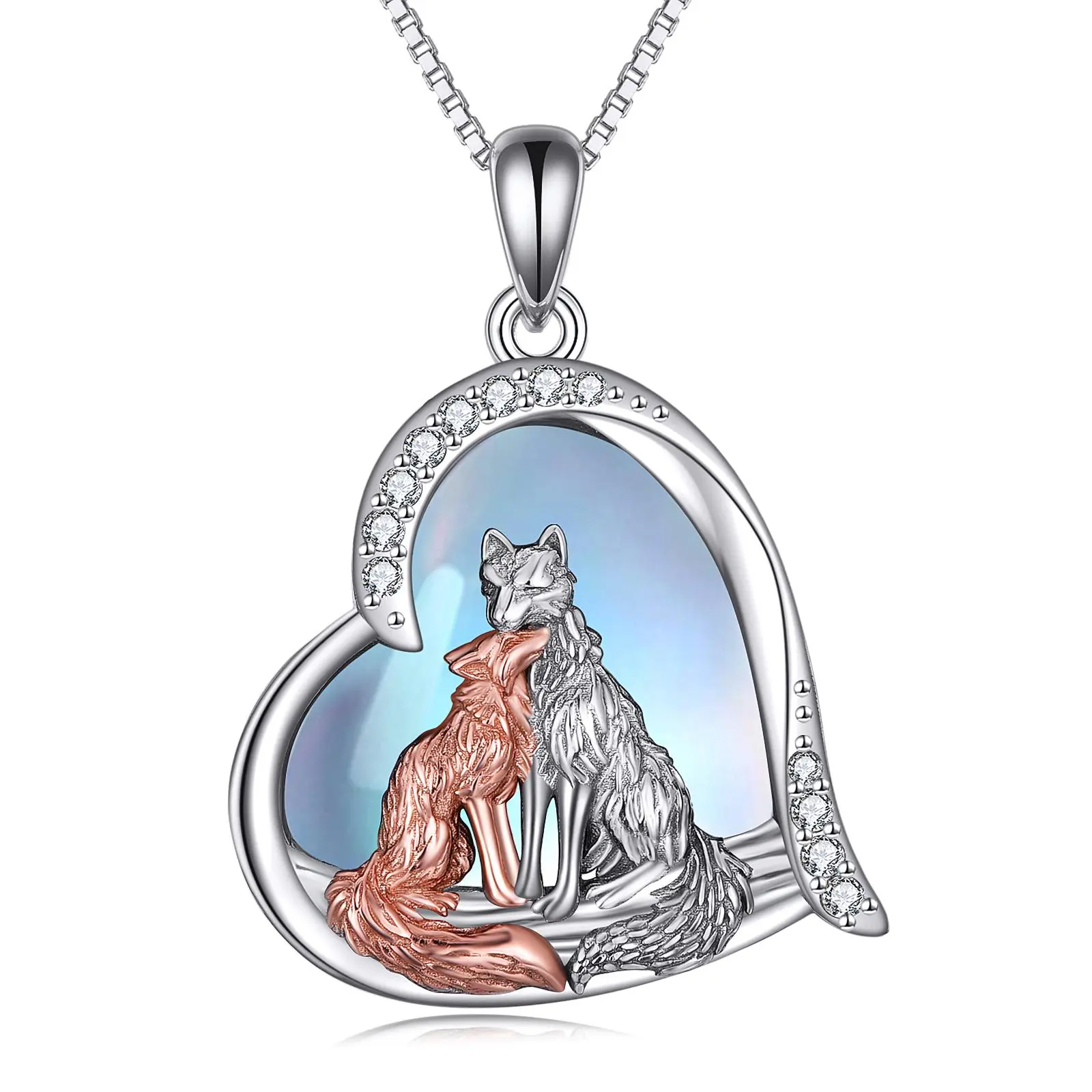 Fox Necklace Christmas Gifts for Women Sterling Silver Moonstone Kitsune Fox Love Heart Pendant Necklace Jewelry Gifts