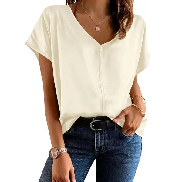 Fisoew Womens Silk Satin Blouses Cap Short Sleeve Dressy Casual Tops V Neck Summer Business Work Office Shirts