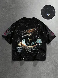 Men's Loose Fit Fashion Print T-Shirt, Silver Color Rhinestone Craft, Dark Style Eye Pattern, Casual Daily Wear, Unisex Streetwear