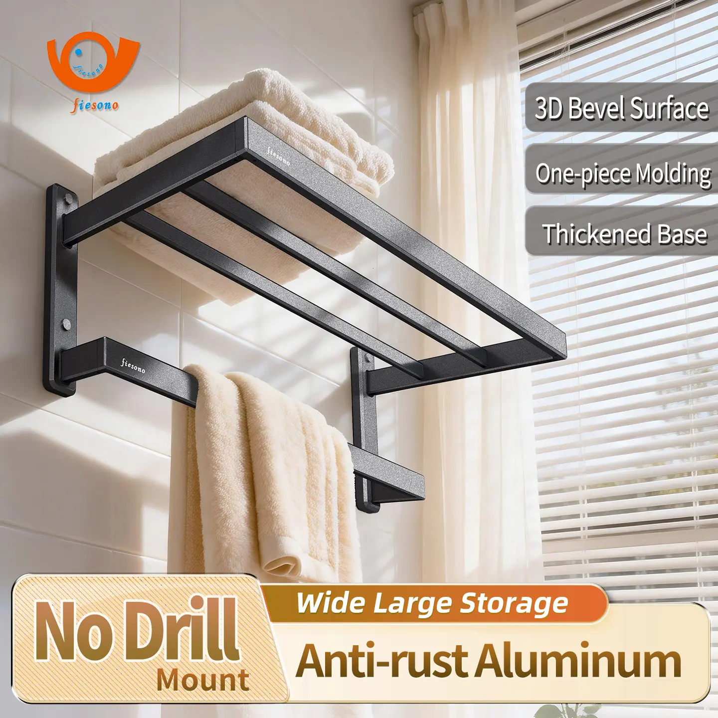 FIESONO 24-Inch Bathroom Towel Rack That Doubles as Storage, Double-Bar Wall-Mounted Aluminum Alloy Organizer with Non-Slip Towel Snap, Modern Hotel-Style Sturdy Shower Caddy, Home Bathroom Supplies Accessory