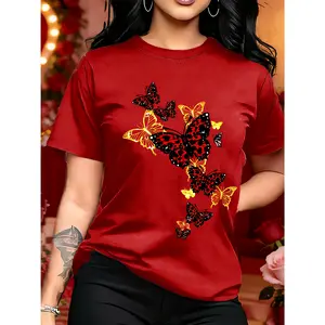 100% cotton T-shirt with unique butterfly pattern print - knitted short sleeves, round neck, gift, comfortable, breathable and soft, the best choice for spring and summer