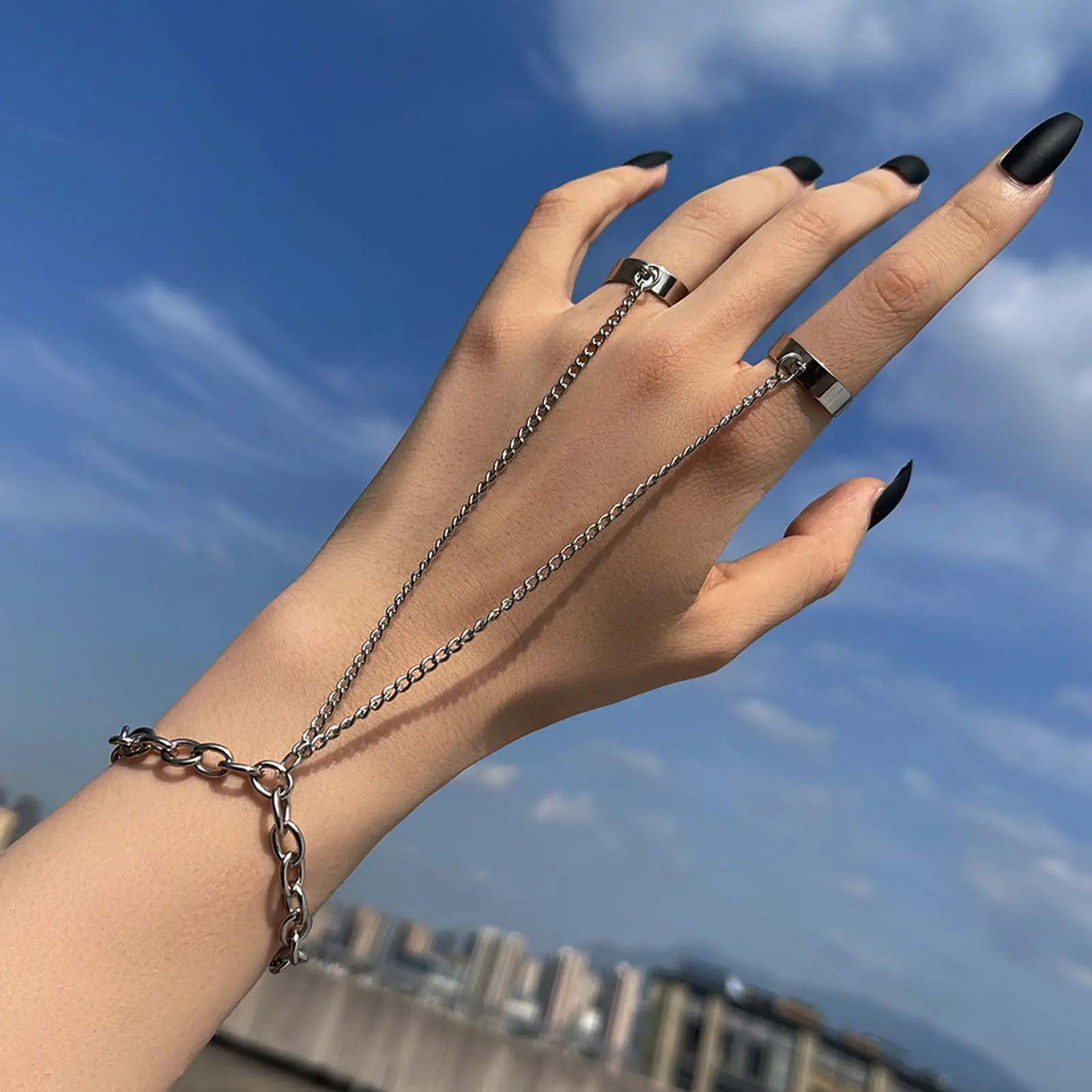 Silver Opening Adjustable Integrated Index Finger Chain-Ring Combination Hand Jewelry, Casual Trendy Jewelry, Statement Multi Ring, Stackable Daily Wear Gift