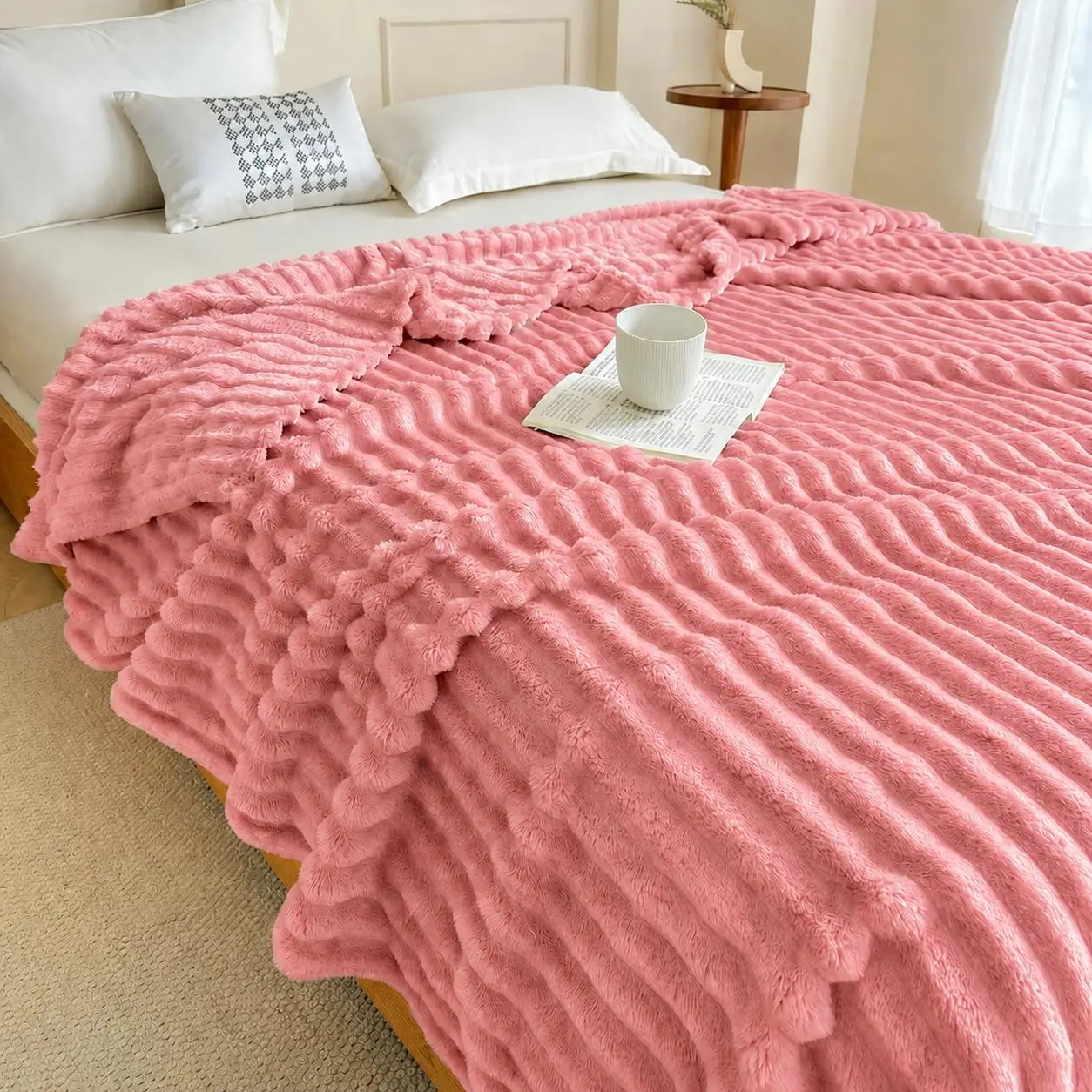 Raybee 300 GSM Fleece Throw Blanket - Super Soft, Thick Fluffy 3D Stripe Texture Lightweight Blanket for Couch, Bed, Office, Aesthetic Home Decor, Apartment Accessories, All-Season Gift Idea