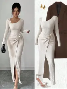 VVZ Women's Solid Color Fashion Twisted Long Dress Asymmetrical Neck Knitted Texture Bodycon Fit Twisted Slit Design Classy Outfits for Fall Winter Modest Clothes #TikTokShopHolidayHaul