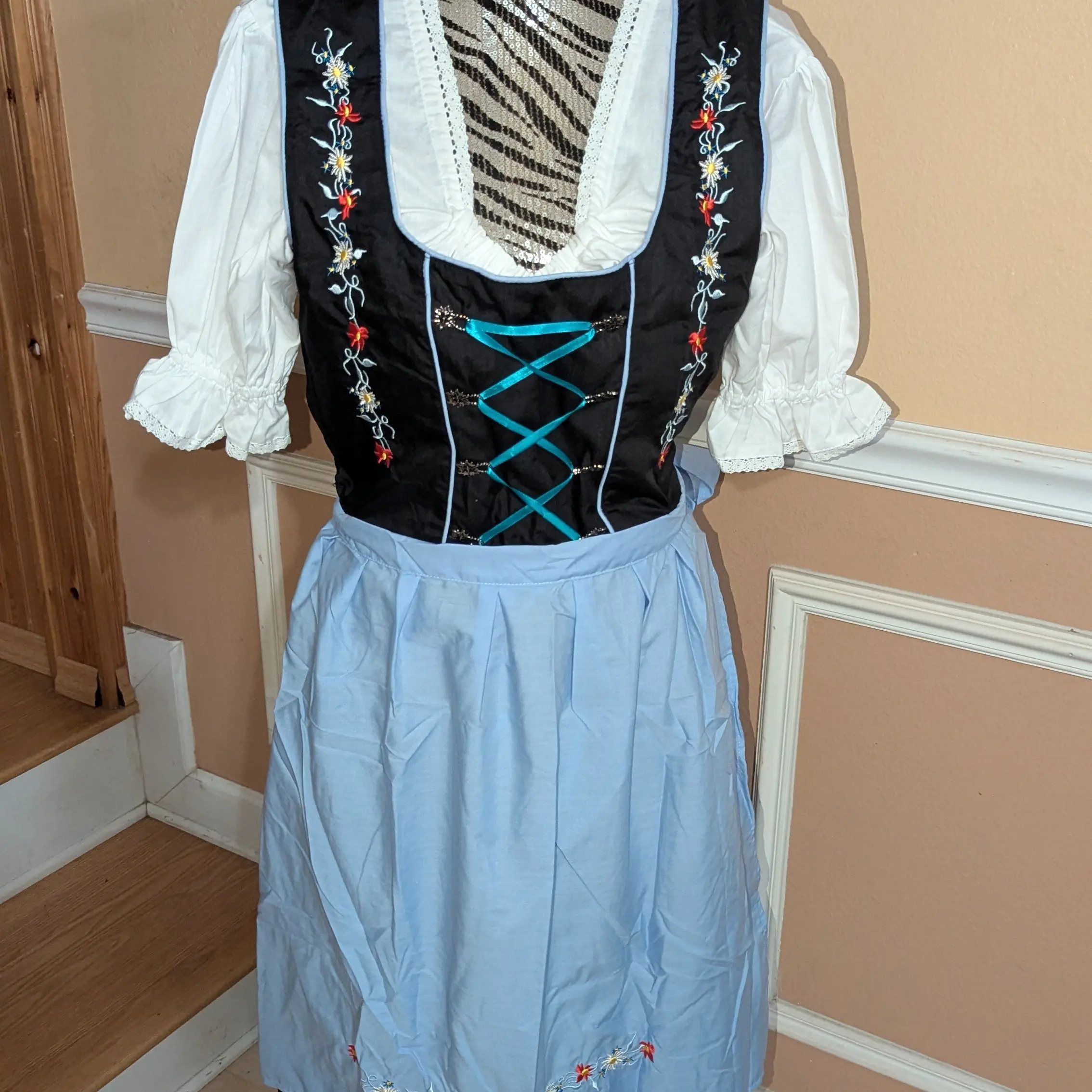 Dirndl World Dirndl Dress October Fest Women's Traditional Oktoberfest Costume Ruffled Braids Adjustable Apron Comfortable Fit with Blue Skirt and Embroidered Details