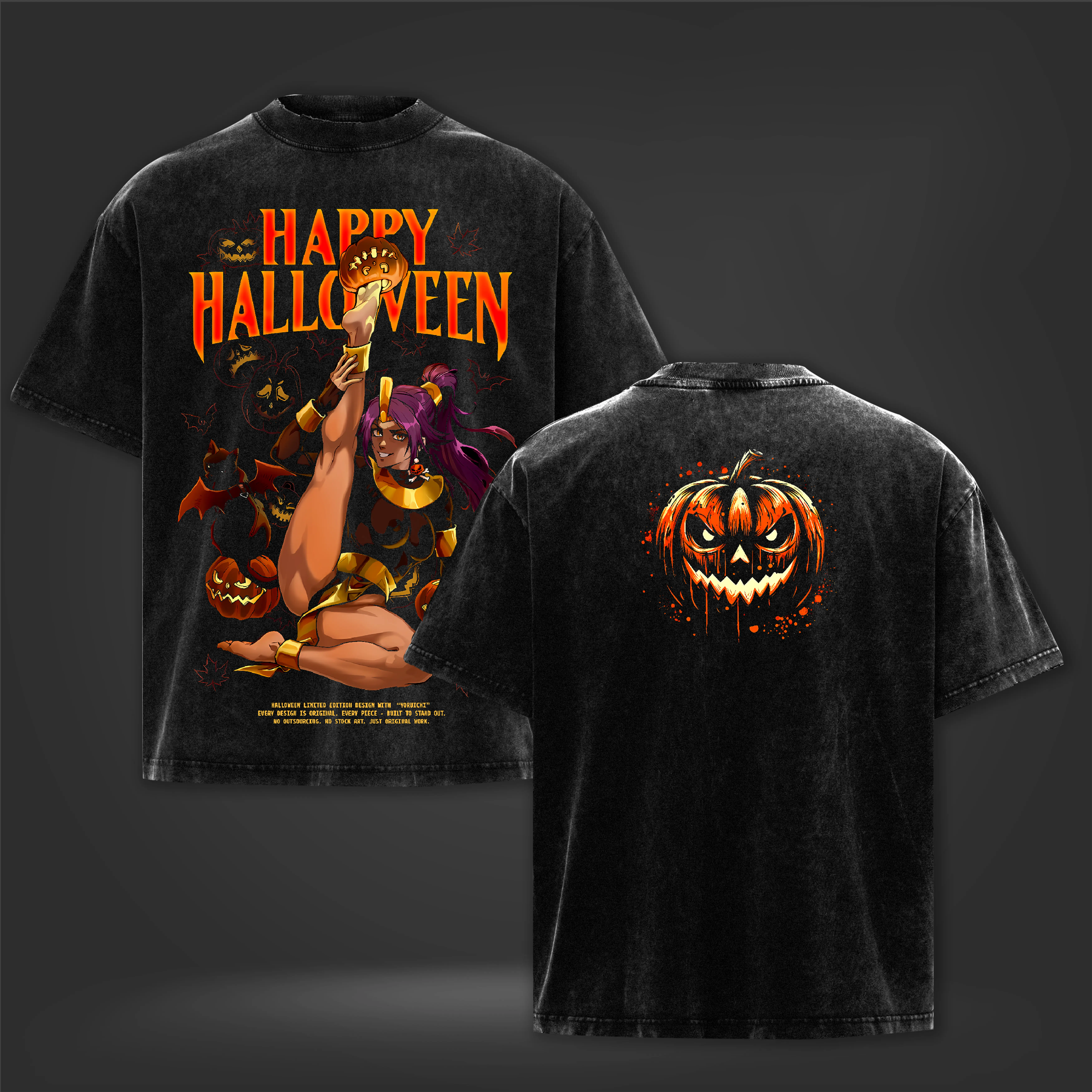 Bleach Yoruichi Shihouin Halloween Anime Graphic Tee, Vintage Washed Black Oversized T-Shirt, Happy Halloween Double Sided Shirt