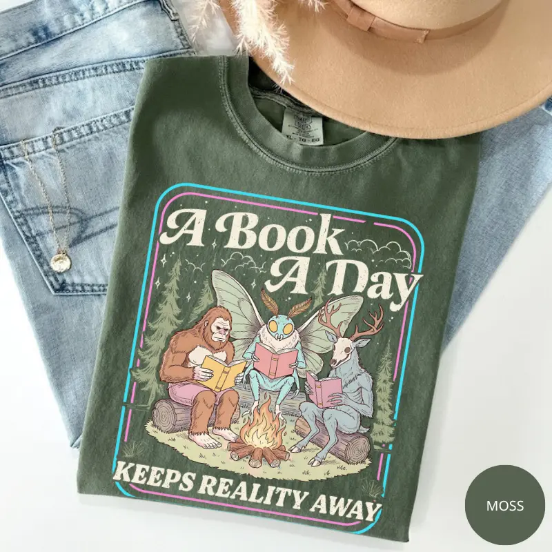 Comfort Colors Book Lover Shirt, A Book A Day Keeps Reality Away T-shirt, Funny Book Addict Tee, Retro Bookish Graphic Gift, Cryptid Books Club Apparel, Introvert Reading Top