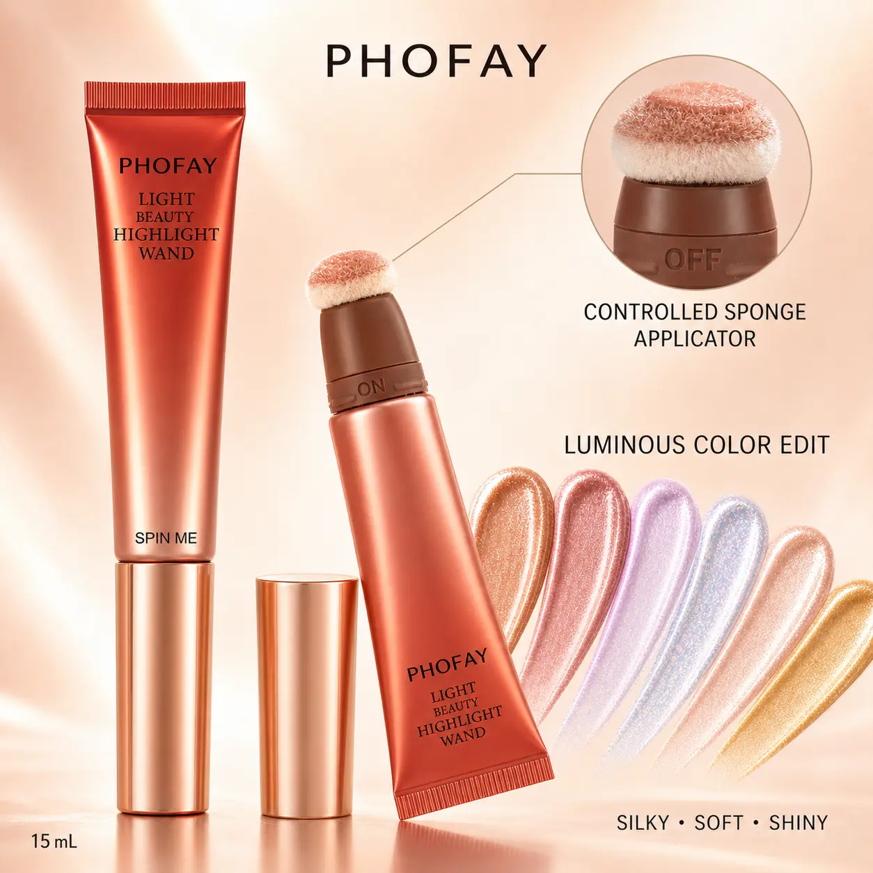 PHOFAY Liquid Highlighter Wand – Silky Glow Face Highlighter, Soft Shimmer Dewy Finish Makeup with Sponge Applicator, Buildable Radiance for Cheeks, Nose & Eyes, Lightweight Natural Glow Beauty Essential puff lip blur pen Sheer Hydrating Pale Gloss