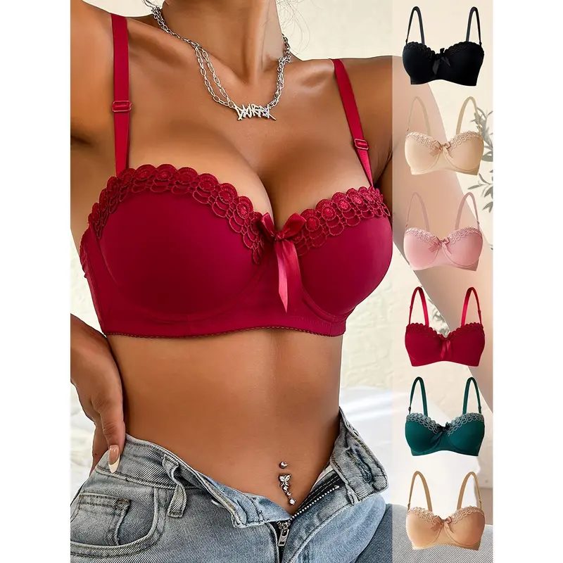 Women's 6pcs Balconette V-Neck Push-Up Bras - Elegant Chic Lace, High-Support Underwire, Comfortable Fit, Non-Removable Pads, Breathable Seamless Mixed-Color Womenswear Basics