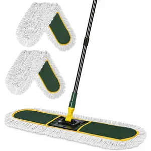 24 Inch Commercial Dust Mop,Heavy Duty Dry Wet Dust Mops Broom for Hardwood Floor, Laminate, Tile, Concrete Cleaning | 60 Extendable Handle & 2 Cotton Mop Heads | Home, Garage, Warehouse Use