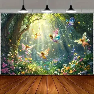 One piece of magical forest fairy background fabric with patterns of sunlight and butterflies - made of bright polyester material, suitable for birthday parties and outdoor party decorations. Fantasy scene with fluttering butterflies and colorful designs