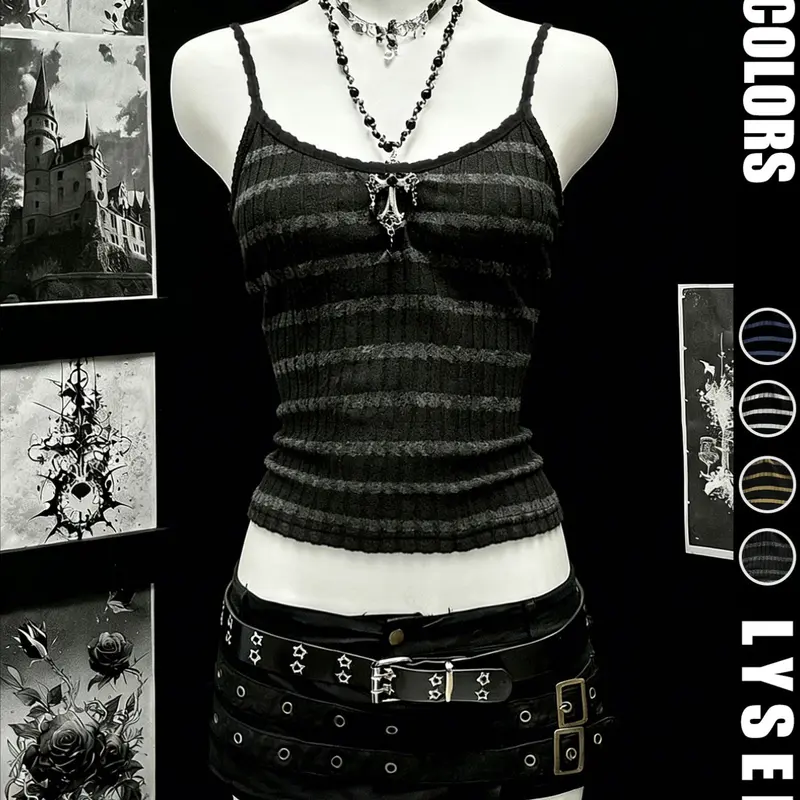 Halloween Women's Striped Knitted Tank Top, Gothic Style, Slim-Fitting, Casual Wear, Trendy Design, Perfect for Halloween Parties