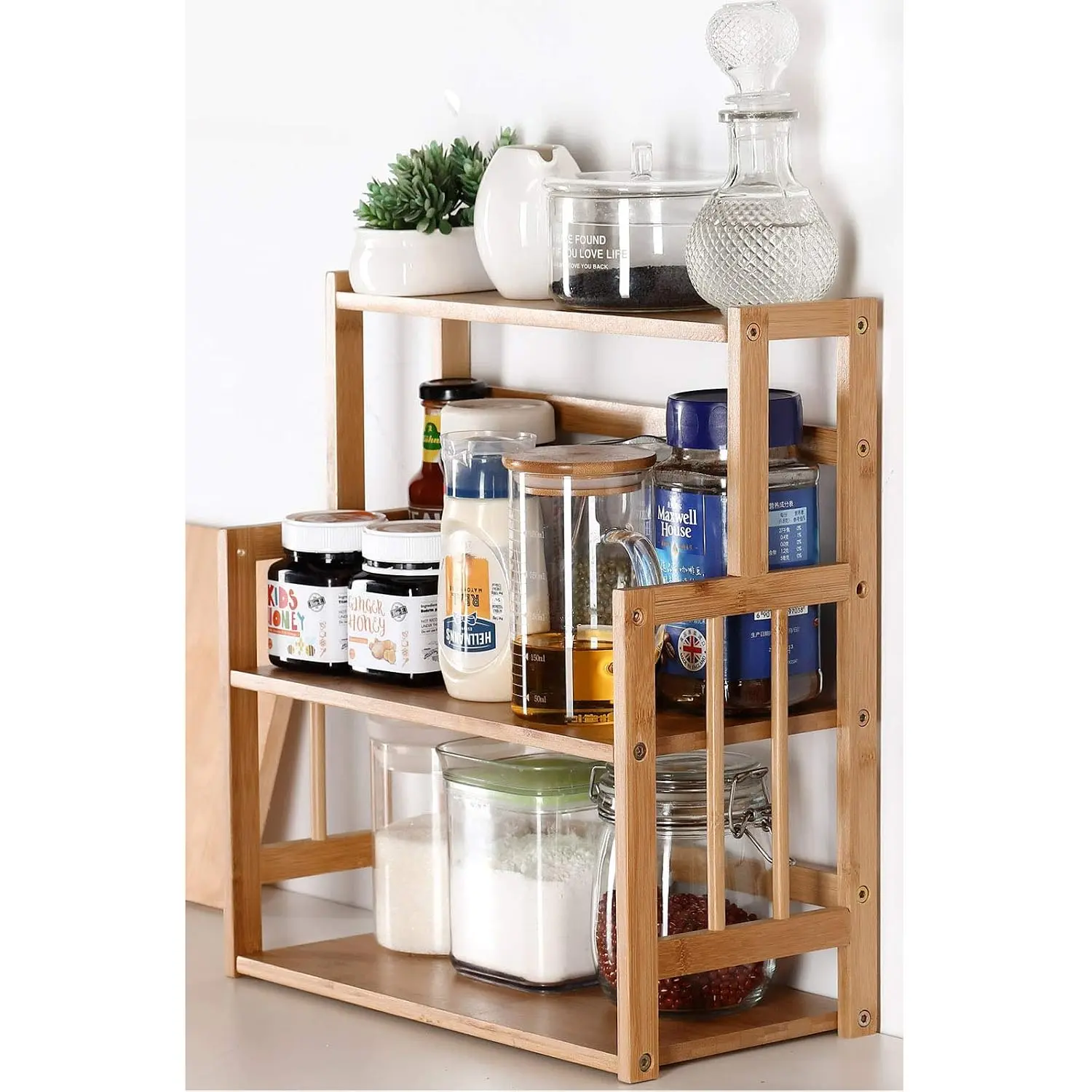 Bamboo Spice Rack Storage Shelves-3 Tier Standing Pantry Shelf For Kitchen Counter Storage,Bathroom Countertop Storage Organizer Desk Bookshelf With Adjustable Shelf Cabinet