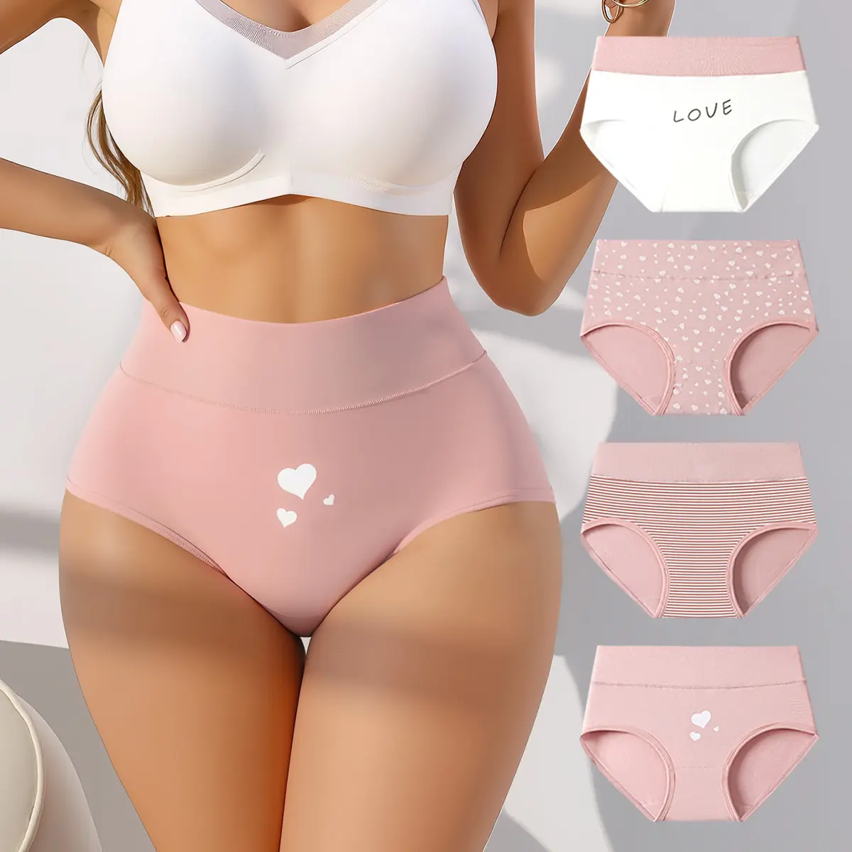 Hotcom Women's Casual Cotton Briefs, Comfortable High-Waist Fit Panties for Lady, Soft Breathable Heart Print, Plus Size 4-Pack, Soft Breathable Knicker, Casual Elegant Underwear, Cute, Preppy, Thanksgiving