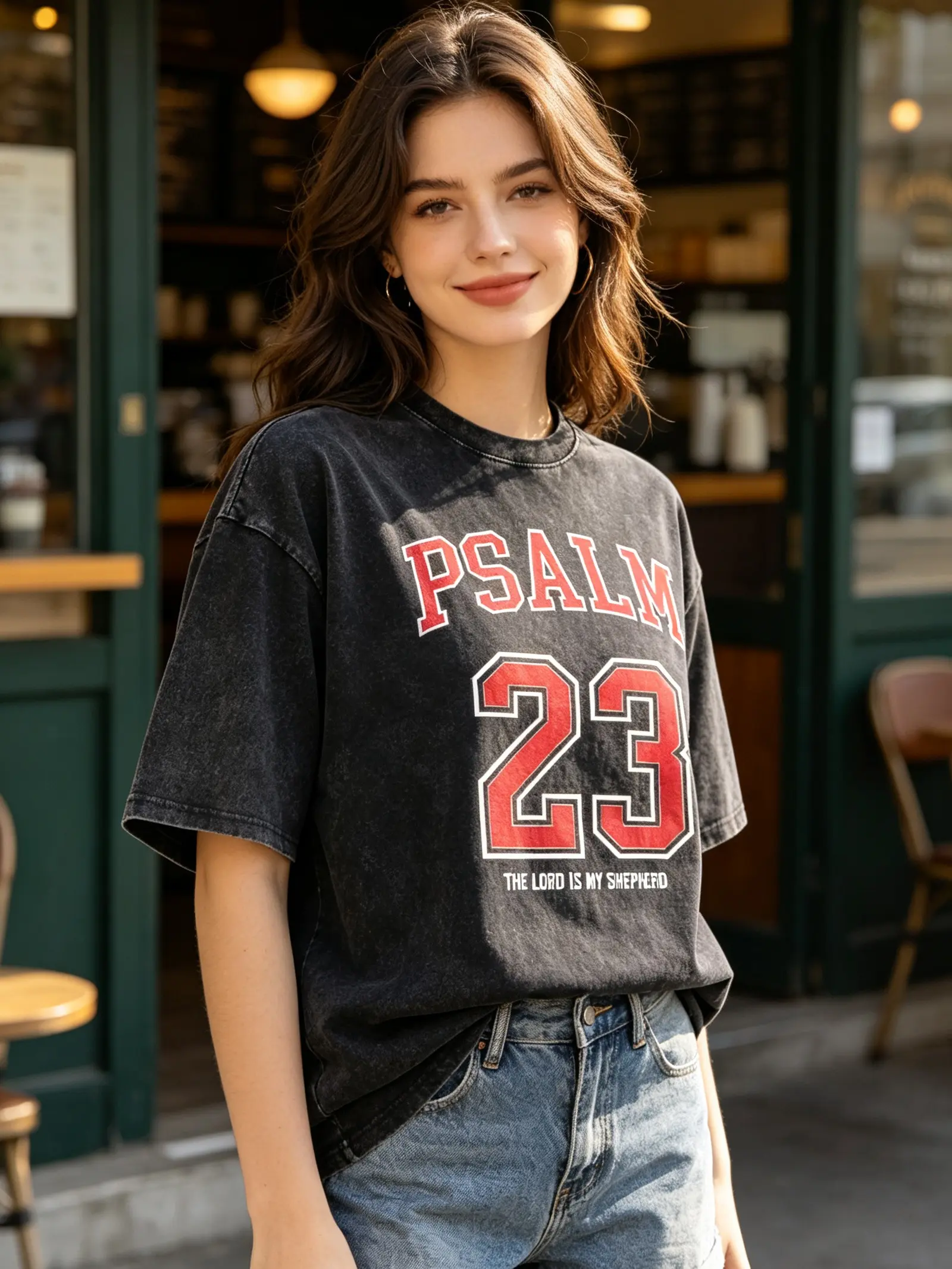 Women's Psalm 23 Graphic Tshirt, Vintage Oversized Top with Varsity Lettering in a Washed Cotton Fabric, Round Neck, 80S Aesthetic