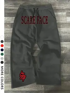 Men's Casual Sporty Long Pants, Dollar Sign & Letter Pattern Print, Drawstring Wide Leg, Loose-Fitting, All Seasons Wear