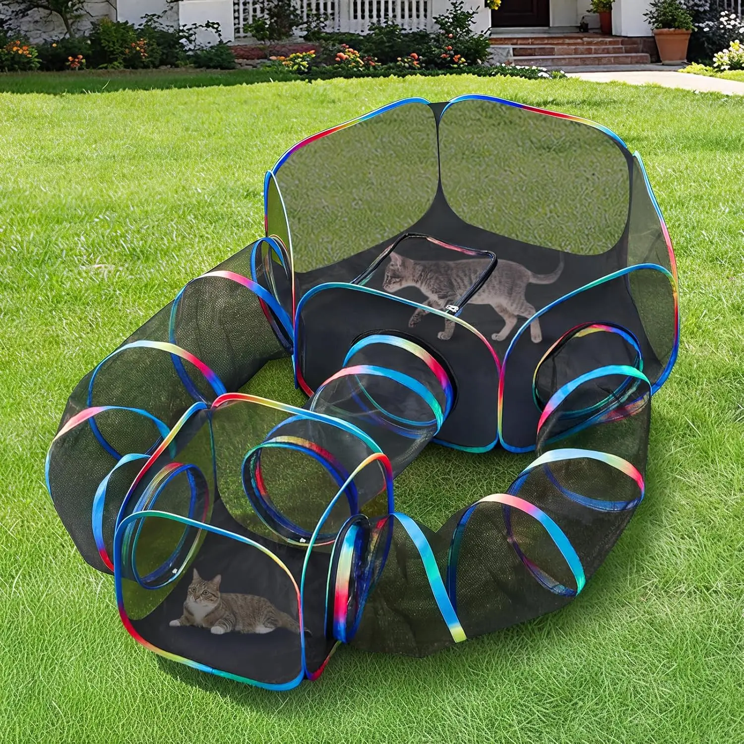 Outdoor  Enclosure - 5-in-1 Portable  Tunnels with Tent, Cube, Collapsible Catio for  Run Outside, Pop up Enclosed Playground for Indoor Cats, Kitty & Small