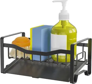 Stainless Steel Kitchen Sink Caddy Organizer with Auto Drain Tray, Sponge Holder for Countertop Storage