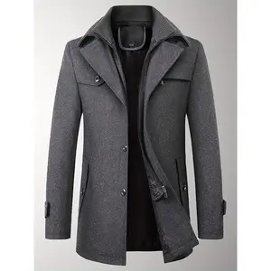 Men's Wool Blend Double Collar Pea Coat Casual Thermal Trench Coat With Removeable Collar Thicken Winter Warm Over Coat