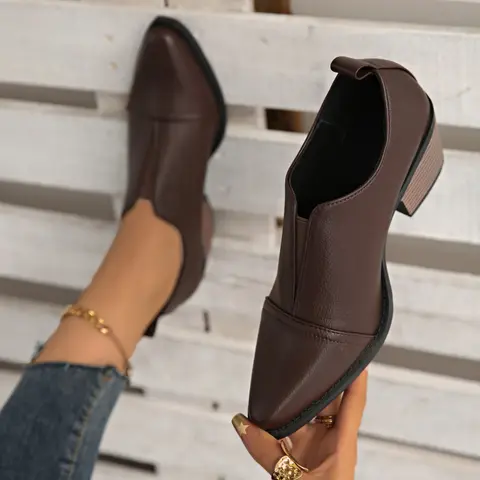New Simple Versatile Chunky Heel Slip-On Shoes, One-Step Design, Suitable for Office & Casual Wear, Women's Footwear
