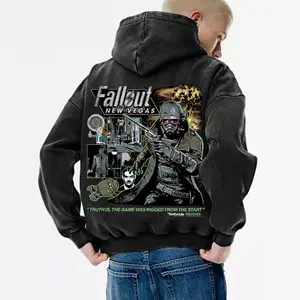 Men's Fallout Hoodie 100% Cotton "Fallout New Vegas" Graphic Back Print Vintage Washed Pullover Super Soft Pre-Shrunk Unisex Fit