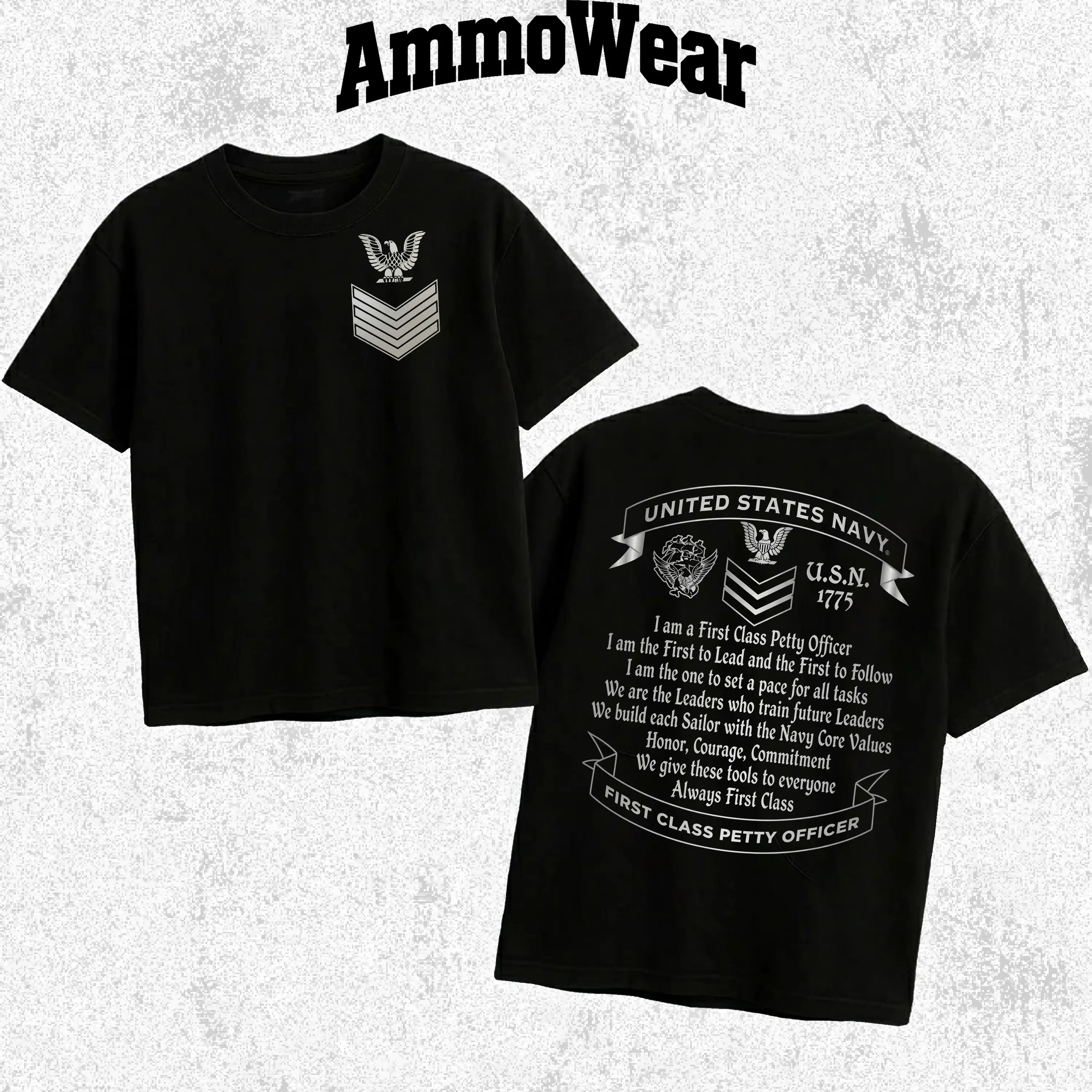U.S. Navy First Class Petty Officer Graphic Tee, PO1 Creed Core Values T-Shirt, Military Veteran Leadership Apparel, Patriotic Sailor Top, Unisex Casual Black Short Sleeve Shirt, American Naval Tactical Gear