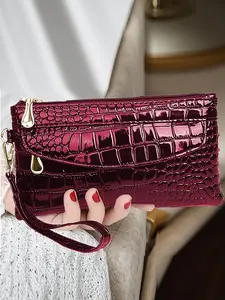 High-Quality Women's Crocodile Pattern PU Leather Wallet, 4-Zipper Design, Multi-Pocket, Casual Style, All Seasons Use, Casual Trendy Wallet