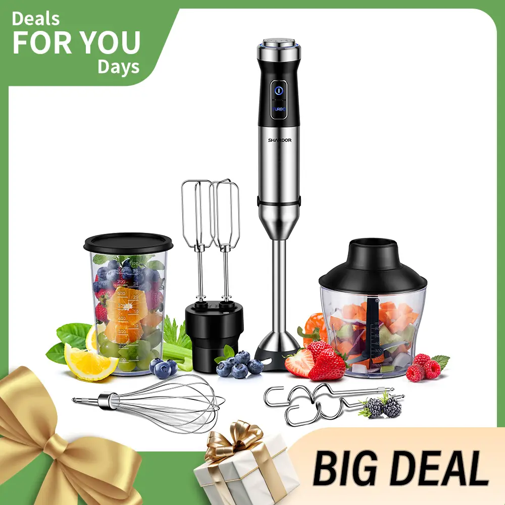 【6 in 1】Hand Blender Immersion Handheld Blender Mixer 20-Speed, Scratch Resistance Emulsion Stick Blender with Dough Hooks Egg Beaters Whisk Beaker Ch