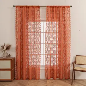 Pastoral Romantic Lace Sheer Curtains, Vintage Floral Embroidery Lantern Pattern Rod Pocket Semi-Sheer Window Drapes for Living Room Bedroom Balcony Office Home Decor, Easy Install Curtain