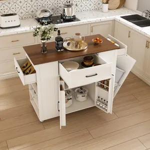 Kitchen Island on Wheels with Storage and Power Outlet - Movable Rustic Breakfast Bar Table, Wooden Top with Adjustable Shelf and Drawer for Kitchen, Dining, and Living Rooms, White
