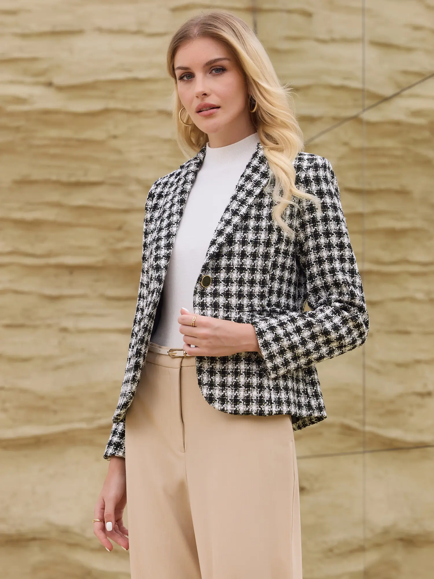 INSPIRE CHIC Women's Tweed Tartan Blazer Open Front Fall Winter Business Casual Plaid Jacket