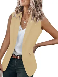 New Style Sleeveless Blazer Jacket Pure Color Lapel Loose Fit Cardigan Women's Fashion Outerwear for Casual Wear