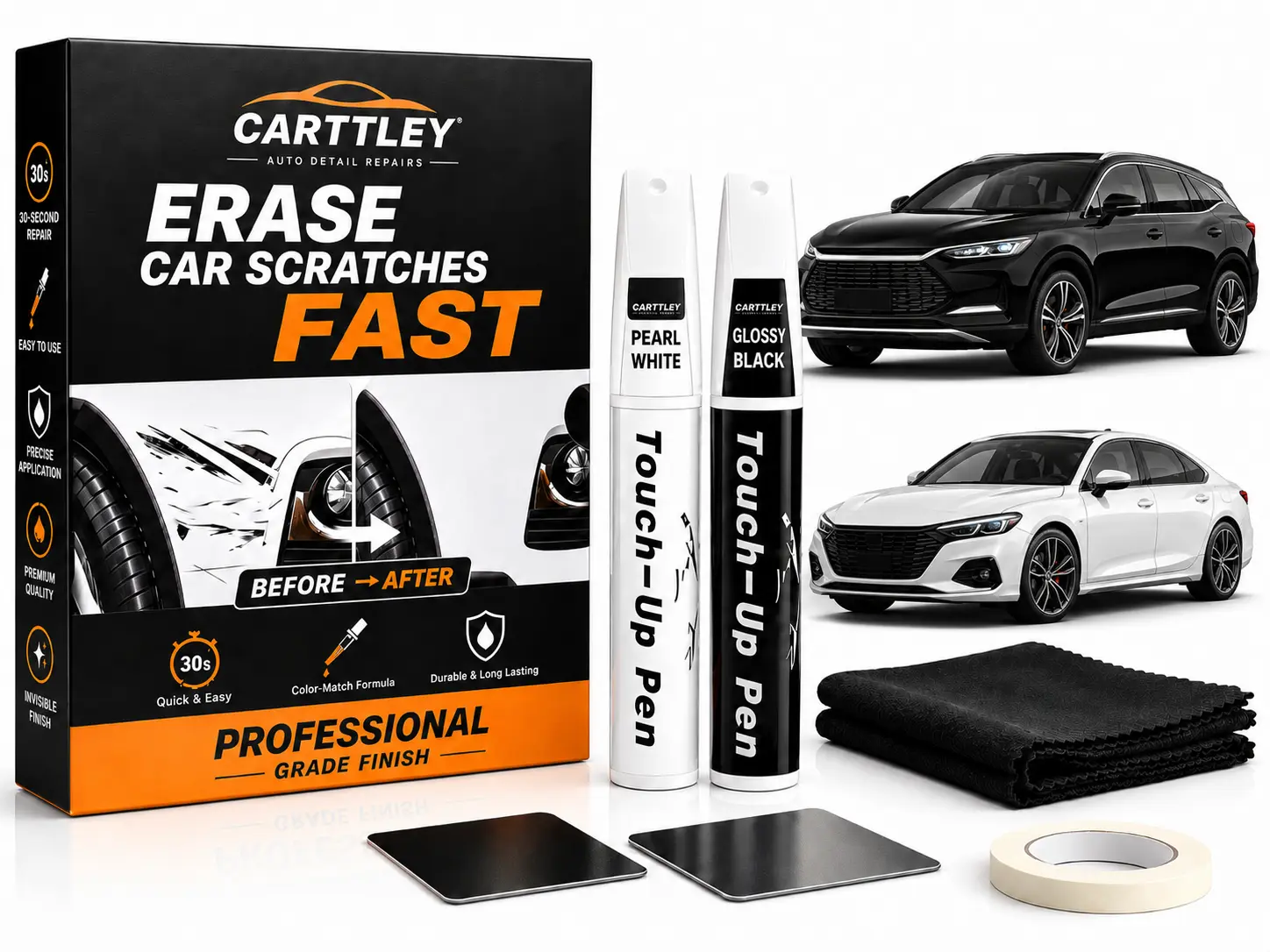 Car Scratch Repair Touch Up Paint Pen Kit - Glossy Black & Pearl White, DIY Compact Durable Auto Scratch Remover with Cleaning Cloth for Cars, Trucks, SUVs, Everyday Vehicle Maintenance