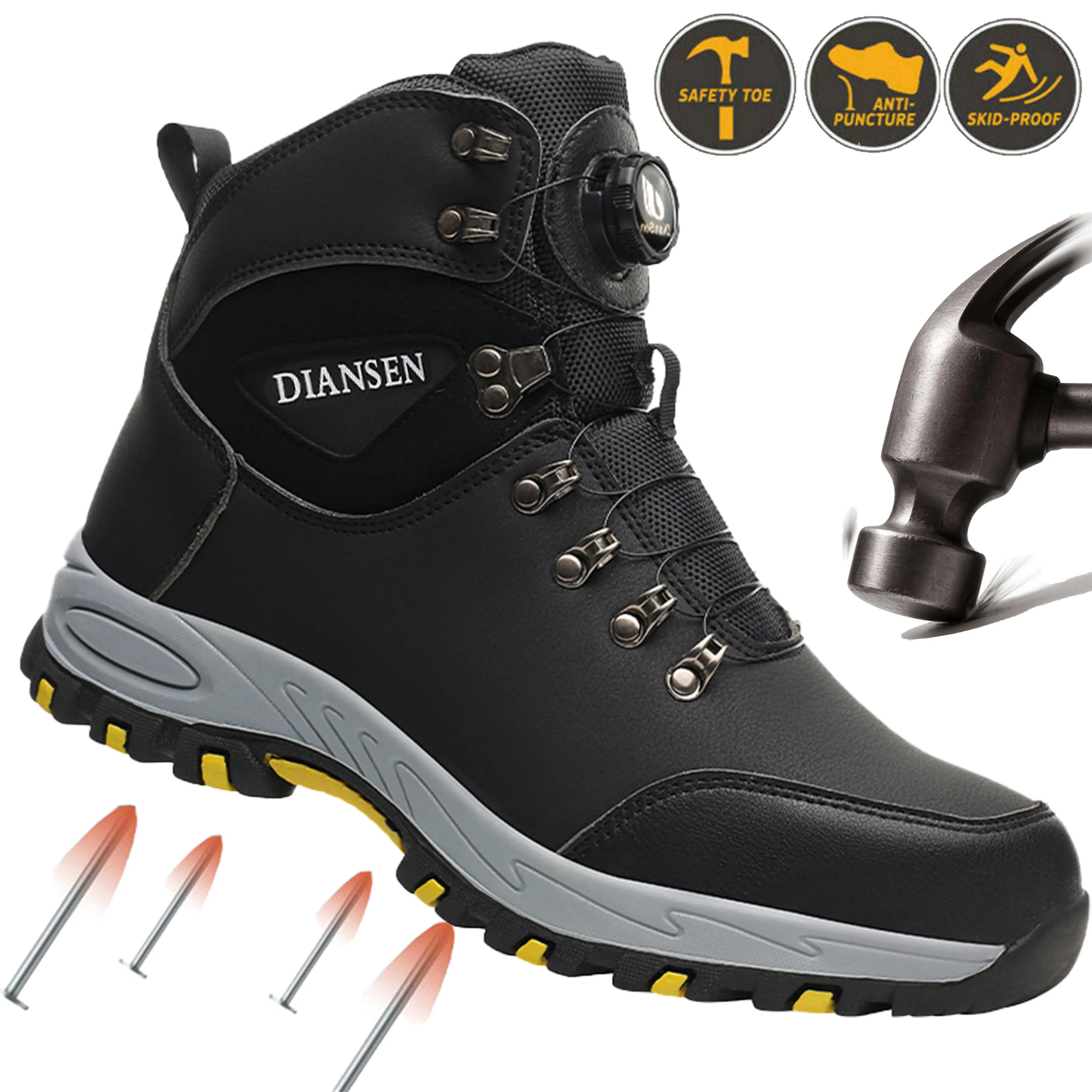 Men's Minimalist Round Toe Steel Toe Safety Boots - Lightweight, Breathable, Puncture-Proof, Wear-Resistant Closed Mesh Footwear with Buckle Strap for Construction, Outdoor Work, Safety Gear All Season Use
