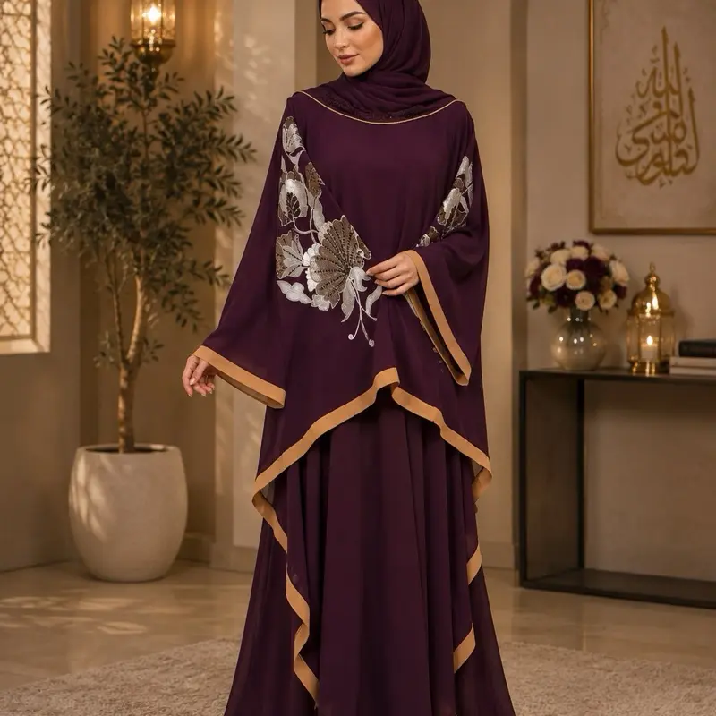 Women's Luxury Dubai Butterfly Abaya - Hijab Style, Conservative Closed Abayas, Long Sleeve, Crew Neck, Bell Sleeve, All Over Print, All Seasons, Abaya Fashion, Conservative Abayas