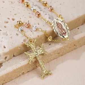 Virgen De Guadalupe Rosary Pendant Beads 18K Gold Plated, Three Tones.