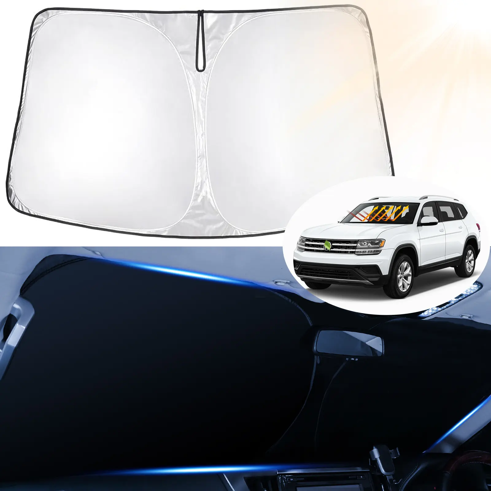 Canvcle Outside Car Windshield Sunshade Cover for 2018-2026 Volkswagen Atlas Series (VW Atlas Cross Sport), 99% UV Protection, Heat Insulation, Foldable Double Layer Reflective Fabric, Elastic Memory Steel Wire, AC Cools Faster, Energy & Gas Savings