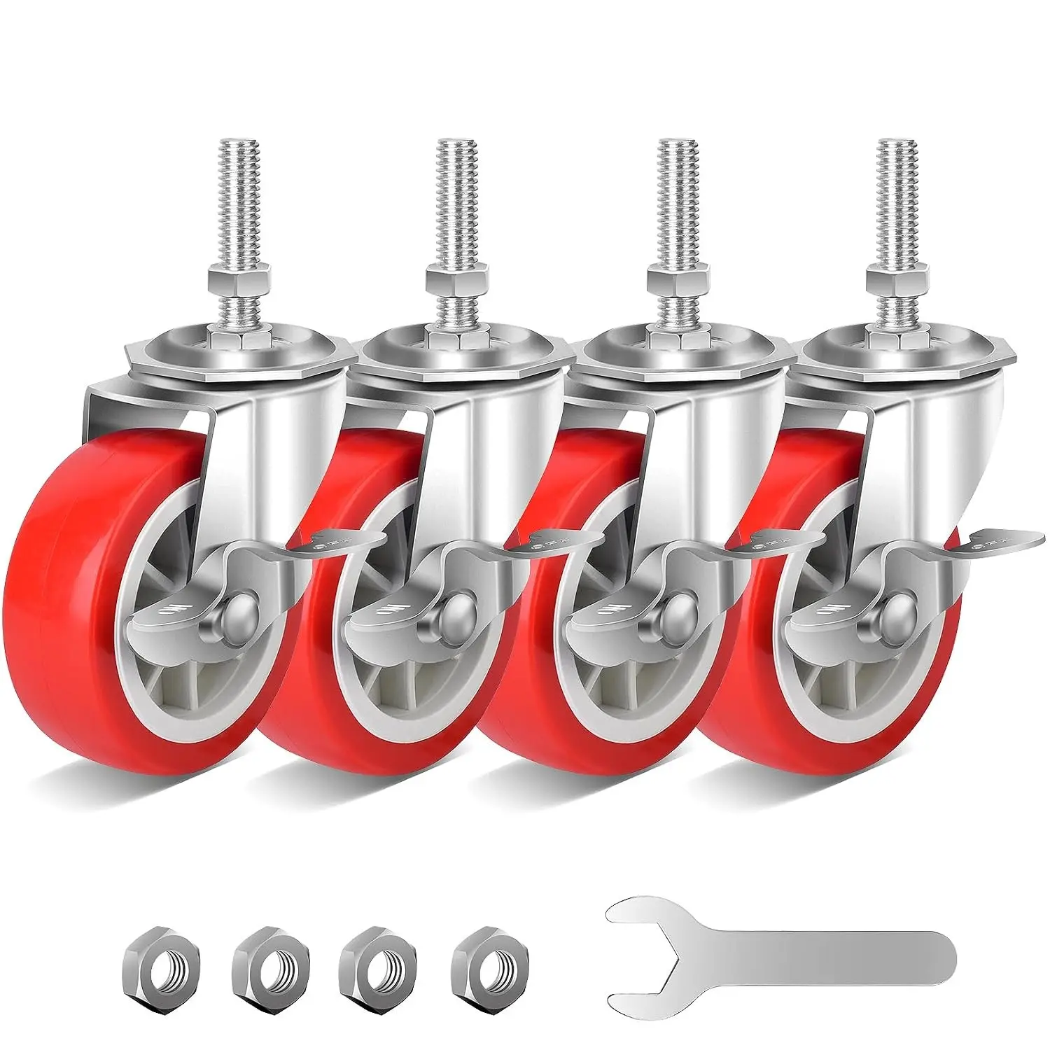 3 Inch Heavy Duty Stem Casters Swivel Wheels with Brake - 3/8" -16 x 1-1/2" (Stem Diameter 3/8", Stem Length 1-1/2"),Set of 4 with Locking Threaded Stem Caster Wheels - Load 600lbs