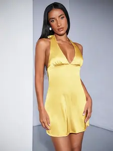 SHEIN BAE Nude Pink & Light Pink Solid Deep V Backless Drape Peach Dress, Halter Neck Tie Satin Mini Dress For Homecoming, Music Festival, Graduation, Wedding Guest In Summer,Pastel Dresses For Women