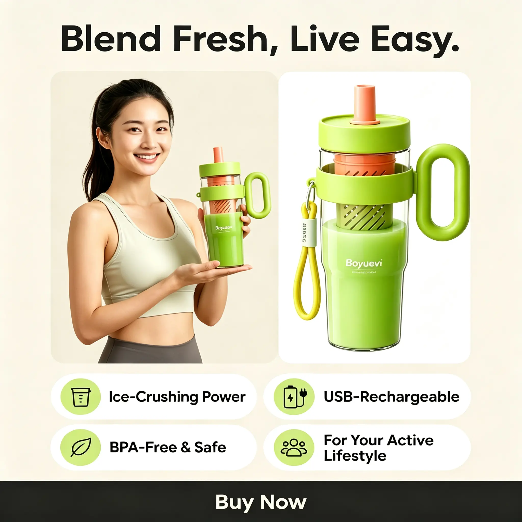 1000ml Portable USB-C Rechargeable Blender Cup with USB-C Port, BPA-Free Tritan Personal Juicer, 6 Stainless Steel Blades, Powerful Ice Crusher for Protein Shakes, Home Gym Use, Large Size