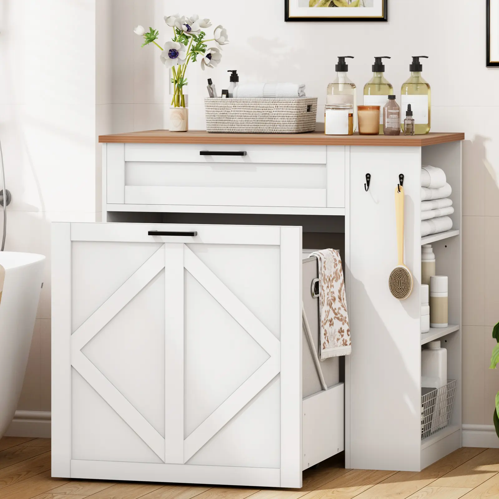 Laundry Hamper Cabinet, Double Laundry Cabinet with Two 11 Gallon Baskets and Drawer, Pull-Out Storage Unit with Adjustable Shelves, Hooks, for Bathroom, Living Room, Kitchen, White and Walnut #SummerVibes#DealsforYouDays #SummerGarden