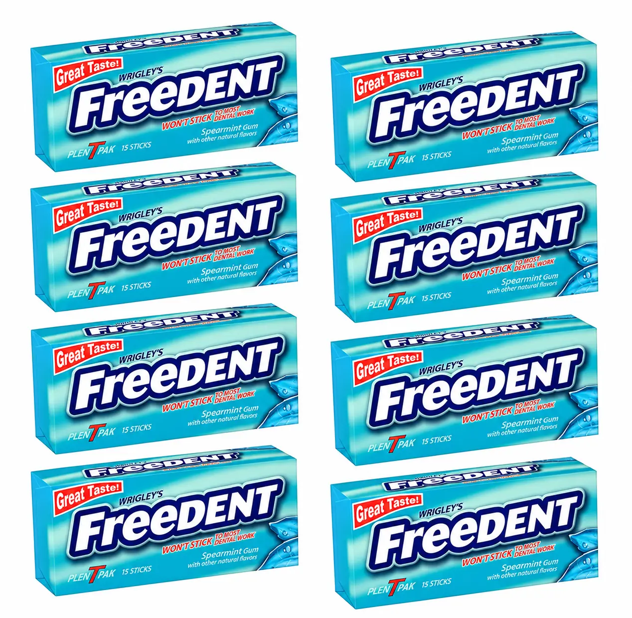 Wrigley's Freedent Spearmint Gum 15 Sticks per Pack (Pack of 8) – Fresh Spearmint Flavor, Non-Stick Chewing Gum for Dental Work, Long-Lasting Breath Freshener, Convenient Bulk Pack.