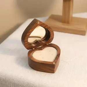 Heart-Shaped Walnut Wood Ring Box with Transparent Lid, Single Couple Jewelry Organizer Storage Case, Real Wood Display Box for Engagement Rings, Wooden Storage Box