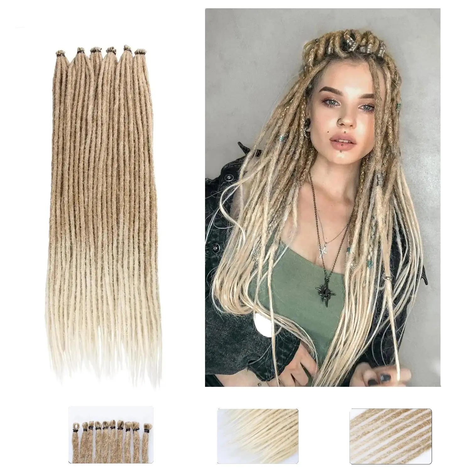 Women's 24-Inch Synthetic Fiber Dreadlock Extensions, 20 Handmade Single Ended Dreadlock Strands (0.6cm), Bohemian Hippie Style Hair Braids, Tight Weaving, Straightenable, Beginner-Friendly Set with 1 Free Included Hook, Beginners