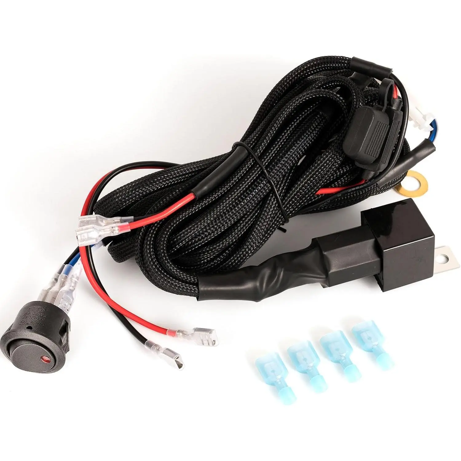 2-Lead Automotive Wiring Harness Kit - 12V 40A Power Relay, 3-Pin Lighted Rocker Switch, Blade Fuse, 16.4ft Cable, Nylon Jacket, Truck Accessories, Built to Last, Safety First, for Offroad LED Light Bar/Charging, All Vehicles