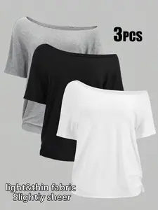 Women's Plus Size 3-Pack One-Shoulder Loose Short Sleeve T-Shirts, Casual Solid Color Basic Tops, Comfortable and Stylish Tees
