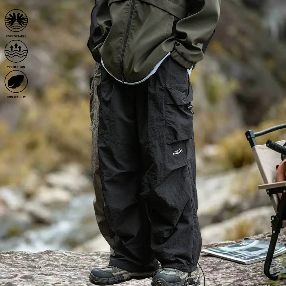 Men’s multi-pocket loose cargo pants, breathable and quick-drying outdoor workwear for hiking and camping, featuring a wide-leg design suitable for mountaineering, fishing, and everyday streetwear; men’s clothing, men’s hiking pants.